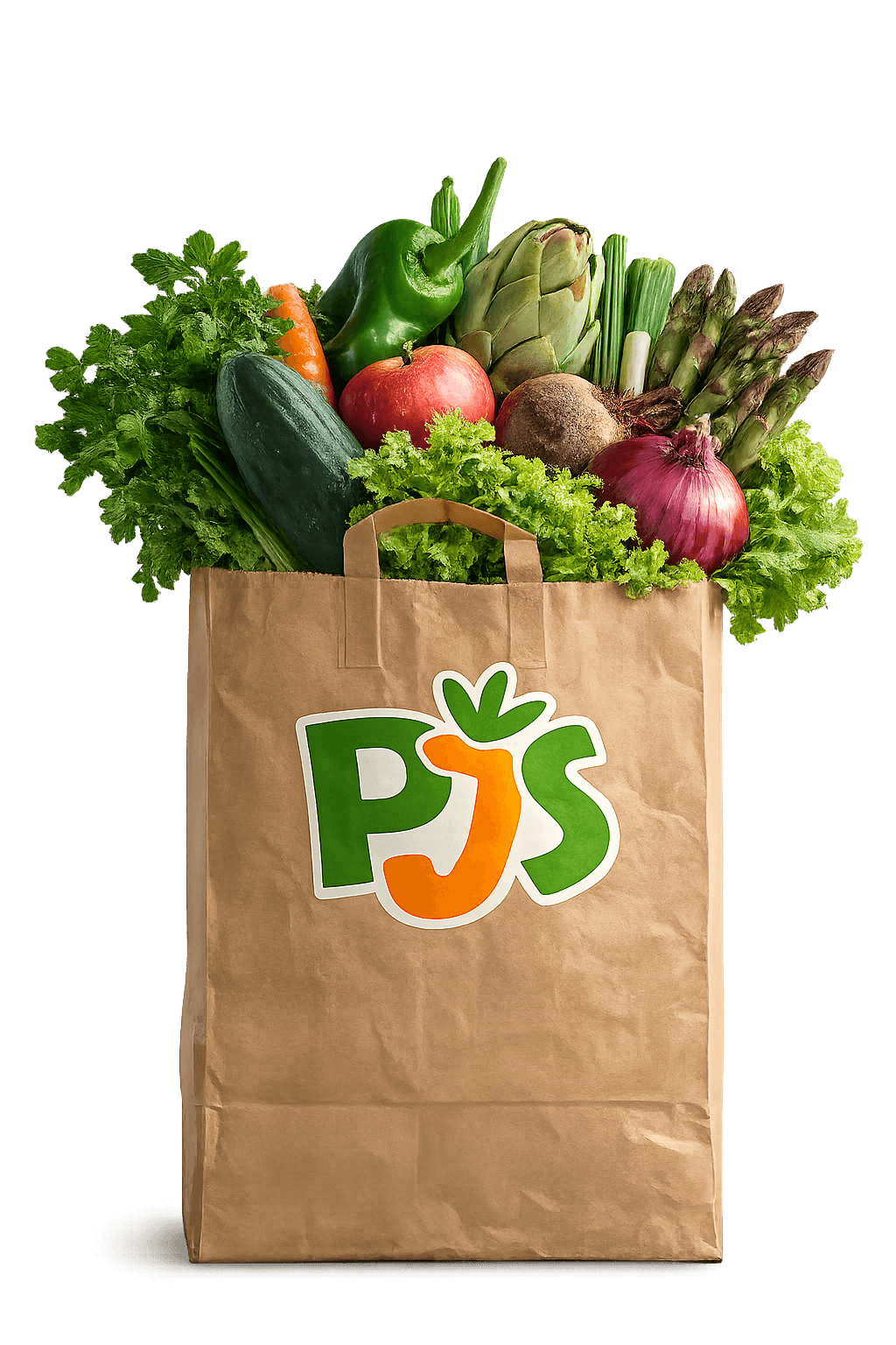 A hand holding a canvas PJS Vegetables tote bag filled with fresh coriander, tomatoes, lettuce and broccoli